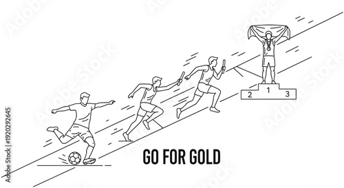 Athletes progress from soccer to relay race win, symbolizing achievement and success