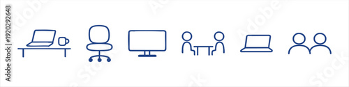 Minimalist hand-drawn office icons set featuring a laptop, desk, chair, monitor, and teamwork symbols in blue and black line art on a white background.