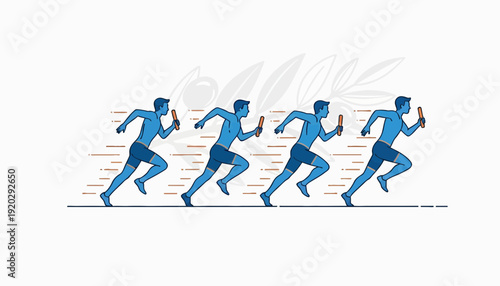 Athletes Running Relay Race, Blue Silhouettes, Sports Competition, Teamwork