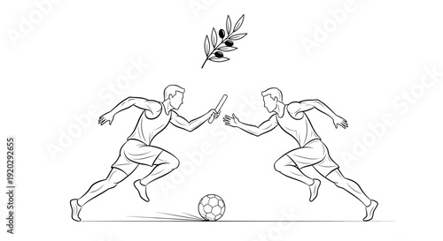Athletes Running with Baton and Soccer Ball, Olive Branch Symbolizing Peace & Victory