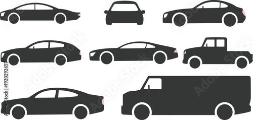 Modern Vehicle Silhouette Collection with Cars SUV Pickup and Cargo Van Side and Front Views Vector Illustration Set