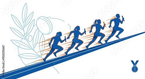 Athletes Running Relay Race Upward With Baton and Medal