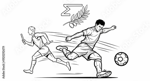 Athletic Competition: Soccer Player Kicking Ball, Runner with Baton, Olive Branch