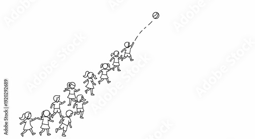 Children Chasing Ball in Line Drawing