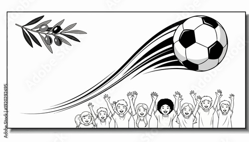Children cheering for soccer ball flying with olive branch, sports illustration