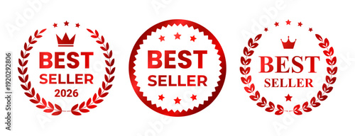 Red holographic icon best seller 2026, hologram with laurel wreath, crown. Vector foil sticker, emblem, award, badge, seal, stamp isolated on white background. EPS10