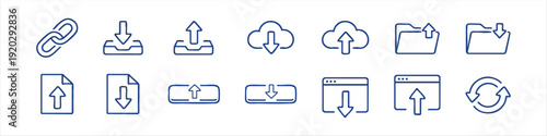 Sketchy line icons for download, upload, cloud storage, folders, and files. Blue and black hand-drawn design elements for user interface design.