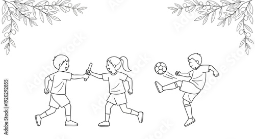 Children playing sports: relay race and soccer, line drawing