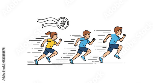 Children Running Race, Competition, Victory, Award, Speed, Sport, Vector Illustration