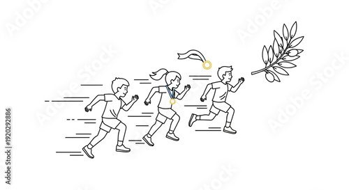 Children running race, winning medals and olive branch symbol of victory