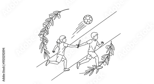 Children Running Relay Race with Soccer Ball and Olive Branches