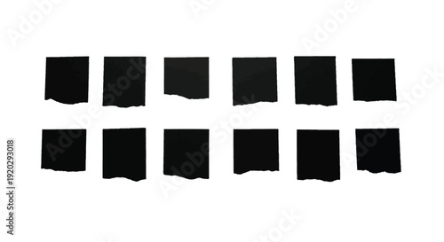 Twelve blank black square paper scraps with intentionally torn rough white edges are neatly arranged in two horizontal rows