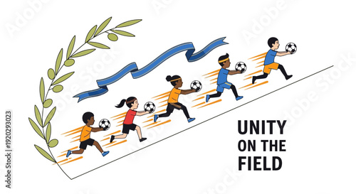 Diverse kids running with soccer balls, unity on the field, sports concept