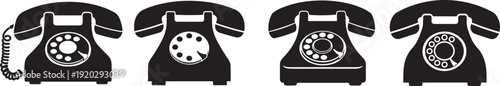 Set of four vintage black rotary dial telephone icons showing different perspectives and dial details.