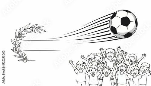 Excited Kids Cheering for Soccer Ball with Laurel Wreath and Copy Space