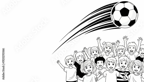 Excited Kids Watching Soccer Ball Fly High in the Sky - Black and White Illustration