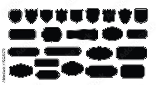 Collection of various black silhouette shield crests and elegant blank label shapes perfect for vintage badge design elements or signage creation