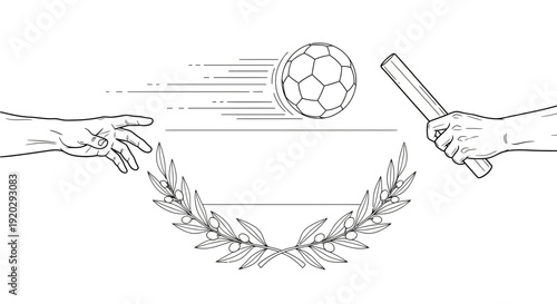 Handball sport concept: passing ball between two hands, olive branch emblem