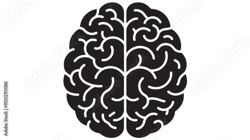 Brain icon with abstract hemisphere lobes and neural maze lines, minimal black silhouette symbol for neuroscience, psychology, cognition, intelligence and mind