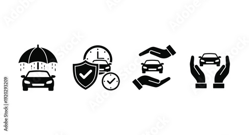 Collection of black silhouette icons representing various crucial aspects of comprehensive automobile protection and timely service agreements for modern vehicle owners