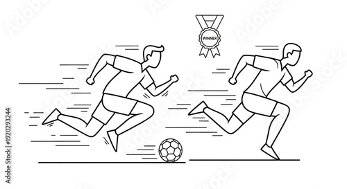 Soccer Players Racing, Football Game, Winning Medal, Line Art Illustration