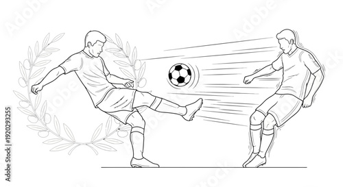 Soccer players kicking ball, illustration, sports competition, action, dynamic