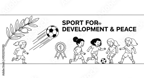 Sport for Development and Peace: Kids playing soccer, olive branch, medal