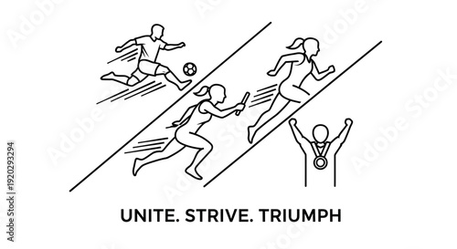 Sports Icons: Football, Running, Relay Race, Athlete Victory Line Art