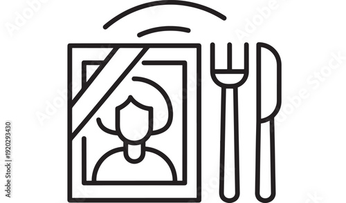Restaurant contactless menu icon with food safety shield and QR-style panel, fork and knife cutlery symbol, hygiene protection line art for dining service apps