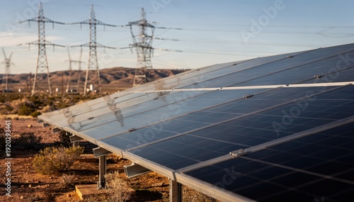Medium shot of a solar panel array with blurred transmission towers in the background powering a remote green energy transmitter site.