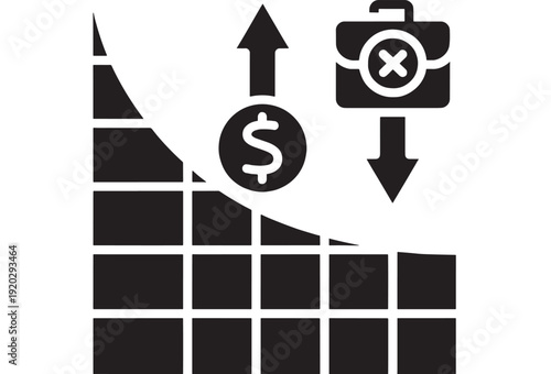 Chart icon showing declining business performance with downward trend, dollar symbol, and briefcase loss marker, monochrome finance analytics graphic on white