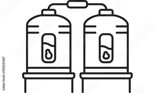 Gas cylinder pair icon with connected hose, simple black outline vector for propane, butane or oxygen tanks, industrial equipment symbol isolated on white