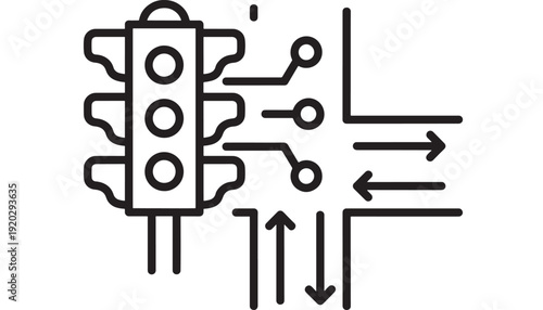 Traffic light icon with circuit board design and arrows indicating flow featuring direction, transportation, signal with black and simple elements for line art, illustration projects, clean
