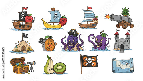 Cartoon Pirate Adventure Set: Embark on a swashbuckling adventure with a vibrant cartoon collection featuring pirate ships, tropical fruit, treasure chests.