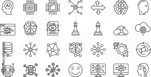 Artificial intelligence line icons set, AI neural network machine learning cloud data outline vector illustration collection pack modern UI design