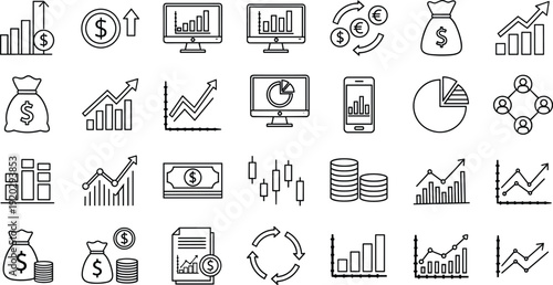 Business finance line icons set, money investment growth charts, currency exchange analytics outline vector illustration collection pack