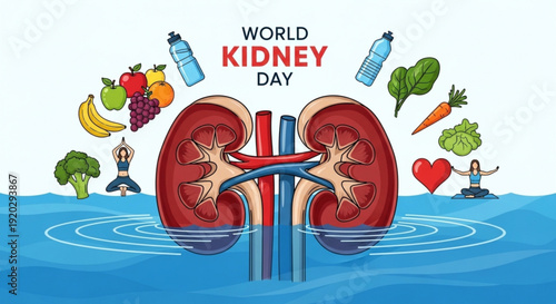 Illustration of kidneys with healthy foods and drinks surrounding them on World Kidney Day