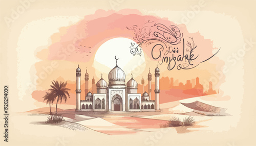 Minimal Mosque Line Drawing with Soft Artistic Watercolor Eid Mubarak Poster Design