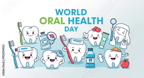 Celebrating World Oral Health Day with cartoon teeth characters and dental hygiene tools in a vibrant scene