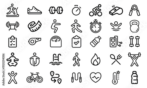 Healthy lifestyle vector web icon set in modern line style, fitness and sport icons for web and mobile app, including physical activity, exercise, gym, rest, sleep, body care and diet vector .