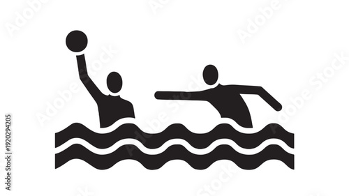 Water polo players set with ball and wavy water lines, black silhouette design featuring swimming, sport, aquatic with game and team elements for competition, pool projects, clean composition on