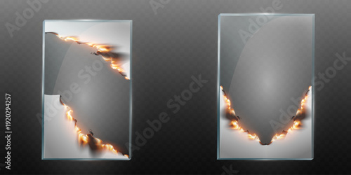 Glass panel with fire damaged paper effect vector illustration