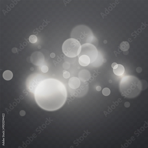 White glowing bokeh light circles isolated on transparent background