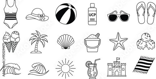 Set of black line art summer vacation icons with swimsuit beach ball sunglasses sandcastle ice cream and tropical palm tree cad drawing flat vector illustration