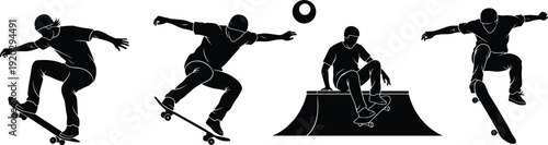 Set of black skateboarder silhouettes performing tricks and jumps at a skate park for extreme sports cad drawing flat vector illustration,