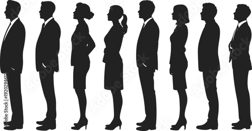 Black silhouette of professional business people men and women standing in a row wearing formal suits isolated on a white background vector illustration.