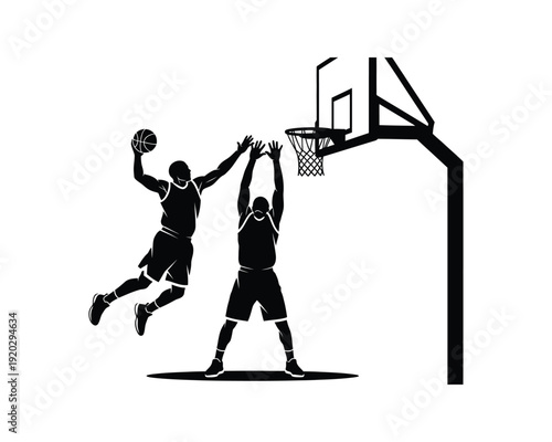 Defender under dunk vector silhouette illustration design, defender under dunk vector, basketball dunk defender silhouette, defender blocking dunk vector, basketball defense dunk silhouette,