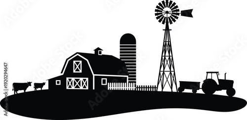 Black silhouette of a rural farm landscape with a traditional barn, tall windmill, silo, tractor with trailer, and grazing cows on a white background.