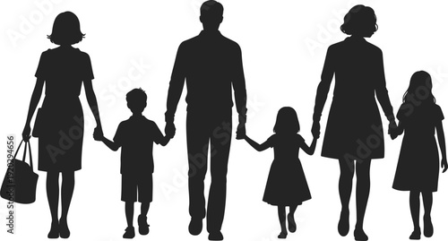 Black silhouette of a large happy family with parents and three children walking together while holding hands, isolated on a white background vector illustration.