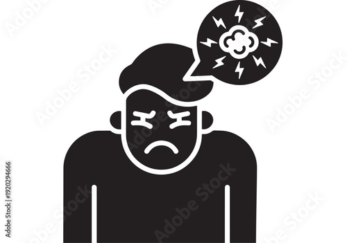 Person frustrated icon with angry facial expression and lightning thought bubble, mental stress concept in black and white flat silhouette pictogram isolated on white